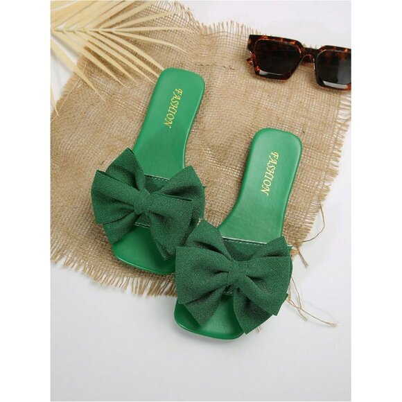Women's Bow Green Square Toe Flat Summer Sandals Slides Slip On Shoes - Picture 3 of 6